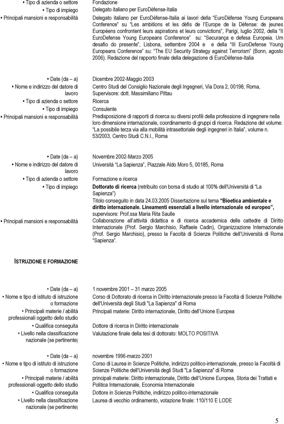 Um desafio do presente, Lisbona, settembre 2004 e e della III EuroDefense Young Europeans Conference su: The EU Security Strategy against Terrorism (Bonn, agosto 2006).