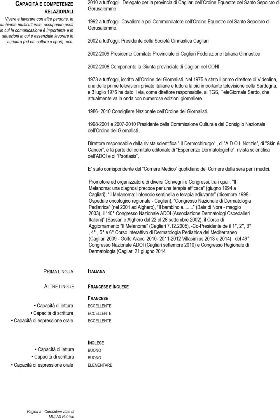 2010 a tutt oggi- Delegato per la provincia di Cagliari dell Ordine Equestre del Santo Sepolcro di Gerusalemme 1992 a tutt oggi -Cavaliere e poi Commendatore dell Ordine Equestre del Santo Sepolcro