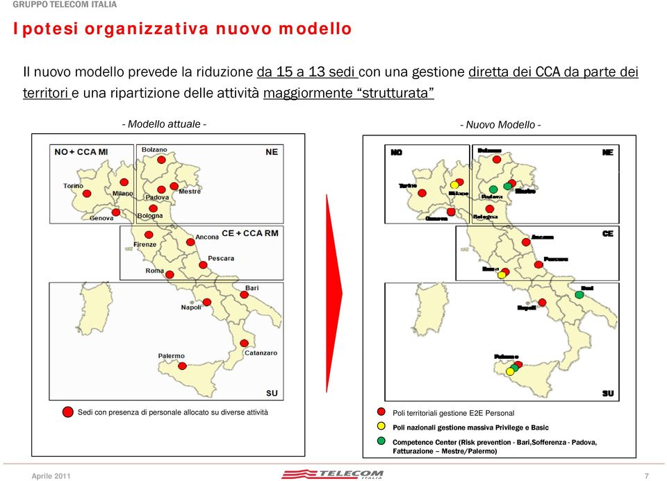 - Sedi con presenza di personale allocato su diverse attività Poli territoriali gestione E2E Personal Poli nazionali