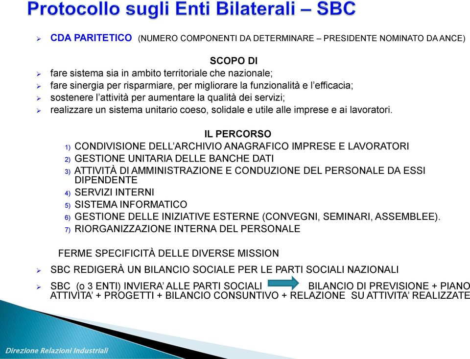 IL PERCORSO 1) CONDIVISIONE DELL ARCHIVIO ANAGRAFICO IMPRESE E LAVORATORI 2) GESTIONE UNITARIA DELLE BANCHE DATI 3) ATTIVITÀ DI AMMINISTRAZIONE E CONDUZIONE DEL PERSONALE DA ESSI DIPENDENTE 4)