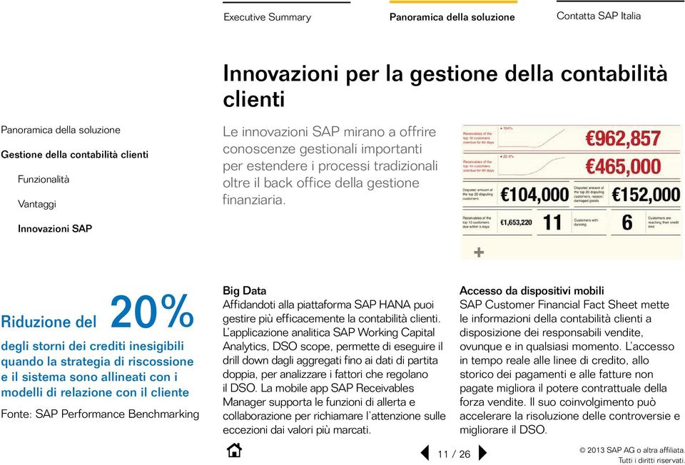 Innovazioni SAP Riduzione del 20% degli storni dei crediti inesigibili quando la strategia di riscossione e il sistema sono allineati con i modelli di relazione con il cliente Fonte: SAP Performance