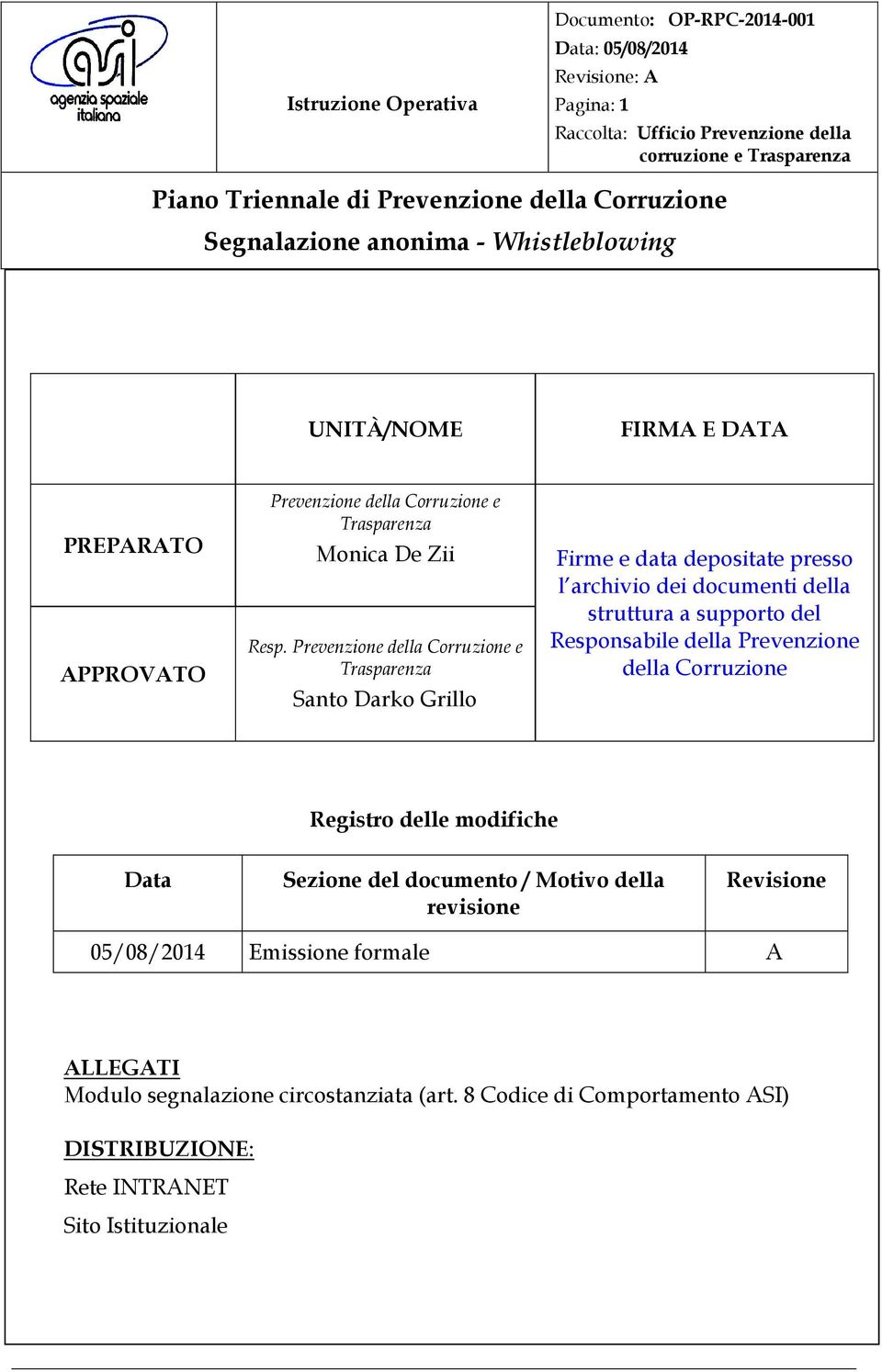 supporto del Responsabile della Prevenzione della Corruzione Registro delle modifiche Data Sezione del documento / Motivo della revisione