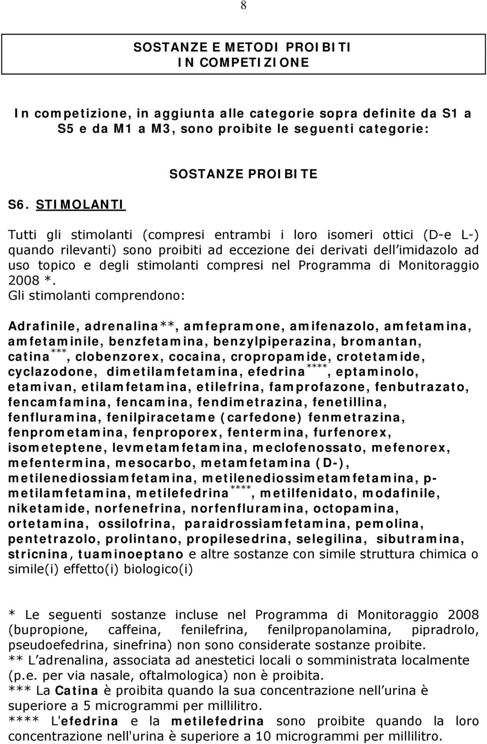 stimolanti compresi nel Programma di Monitoraggio 2008 *.