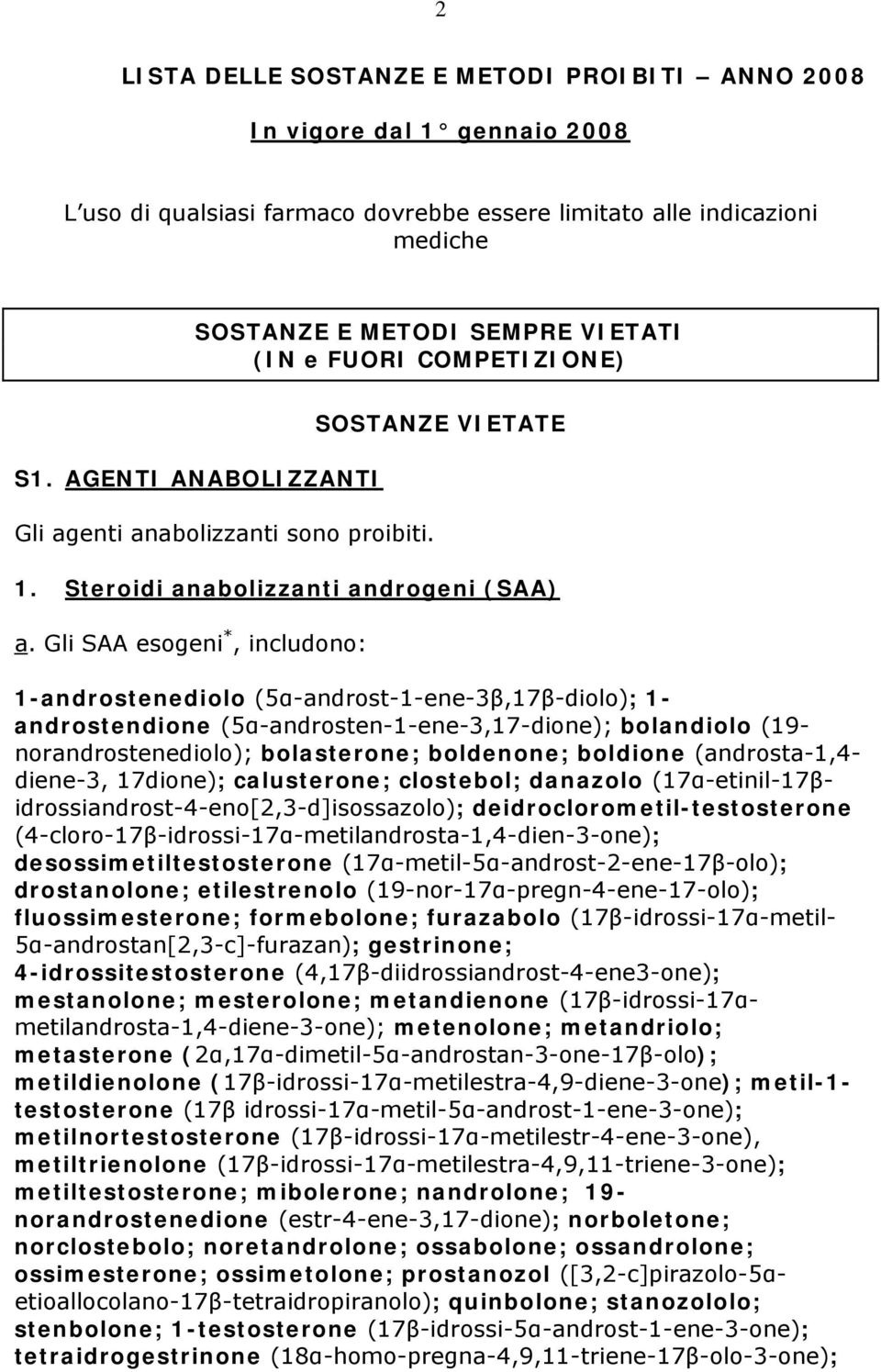 Gli SAA esogeni *, includono: 1-androstenediolo (5α-androst-1-ene-3β,17β-diolo); 1- androstendione (5α-androsten-1-ene-3,17-dione); bolandiolo (19- norandrostenediolo); bolasterone; boldenone;