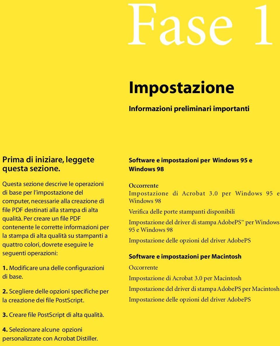 Per creare un file PDF contenente le corrette informazioni per la stampa di alta qualità su stampanti a quattro colori, dovrete eseguire le seguenti operazioni: 1.