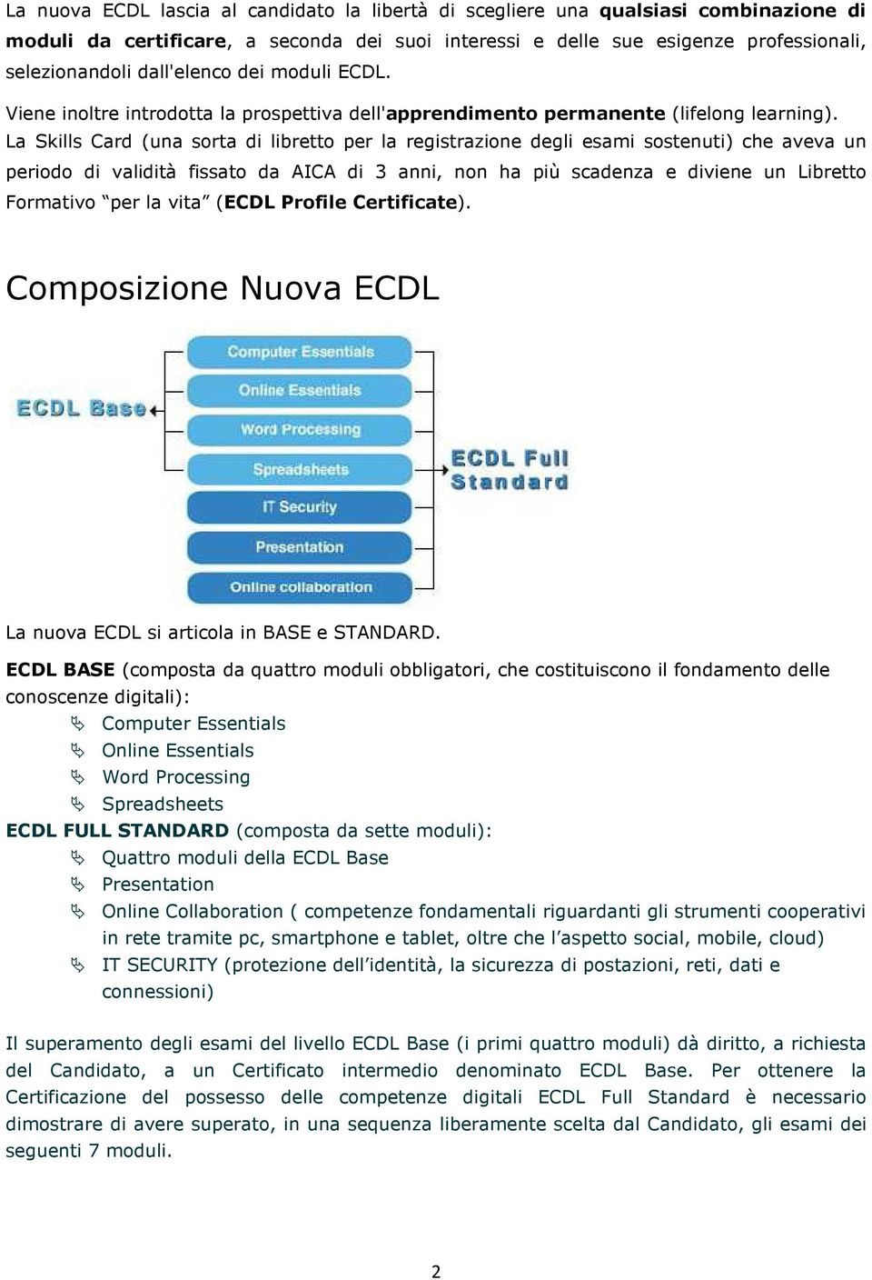 La Skills Card (una sorta di libretto per la registrazione degli esami sostenuti) che aveva un periodo di validità fissato da AICA di 3 anni, non ha più scadenza e diviene un Libretto Formativo per