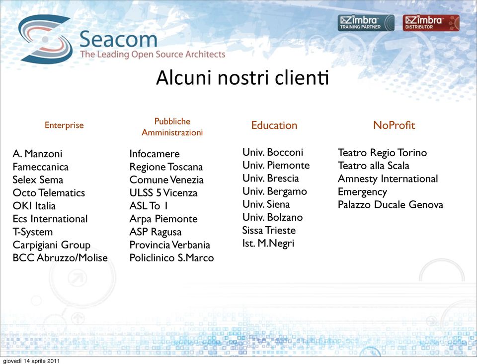 Regione Toscana Comune Venezia ULSS 5 Vicenza ASL To 1 Arpa Piemonte ASP Ragusa Provincia Verbania Policlinico S.Marco Univ.