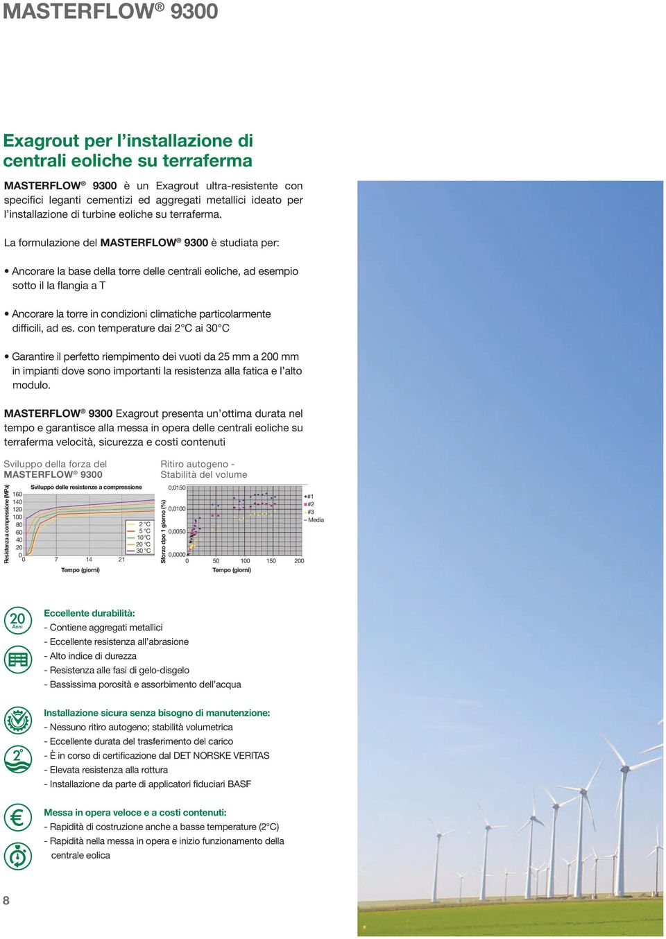 La formulazione del MASTERFLOW 9300 è studiata per: Ancorare la base della torre delle centrali eoliche, ad esempio sotto il la flangia a T Ancorare la torre in condizioni climatiche particolarmente