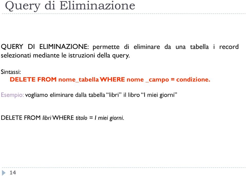 Sintassi: DELETE FROM nome_tabella WHERE nome _campo = condizione.