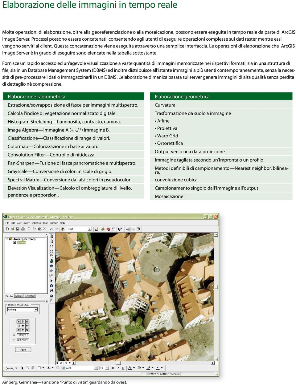 Questa concatenazione viene eseguita attraverso una semplice interfaccia. Le operazioni di elaborazione che ArcGIS Image Server è in grado di eseguire sono elencate nella tabella sottostante.