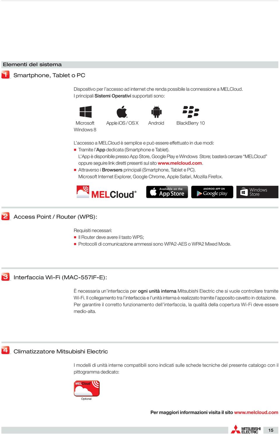 (Smartphone e Tablet). L App è disponibile presso App Store, Google Play e Windows Store; basterà cercare MELCloud oppure seguire link diretti presenti sul sito www.melcloud.com.