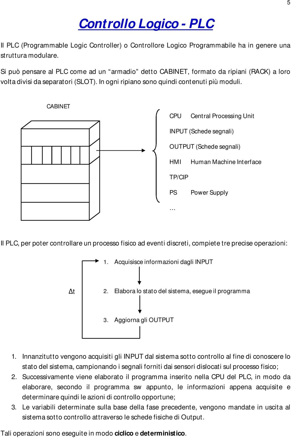 CABINET CPU Cenral Processing Uni INPUT (Schede segnali) OUTPUT (Schede segnali) HMI Human Machine Inerface TP/CIP PS Power Supply Il PC, per poer conrollare un processo fisico ad eveni discrei,