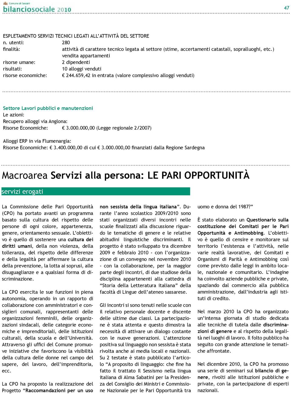 659,42 in entrata (valore complessivo alloggi venduti) Settore Lavori pubblici e manutenzioni Le azioni: Recupero alloggi via Anglona: Risorse Economiche: 3.000.