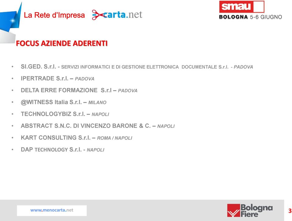 - PADOVA IPERTRADE S.r.l. PADOVA DELTA ERRE FORMAZIONE S.r.l PADOVA @WITNESS Italia S.r.l. MILANO TECHNOLOGYBIZ S.