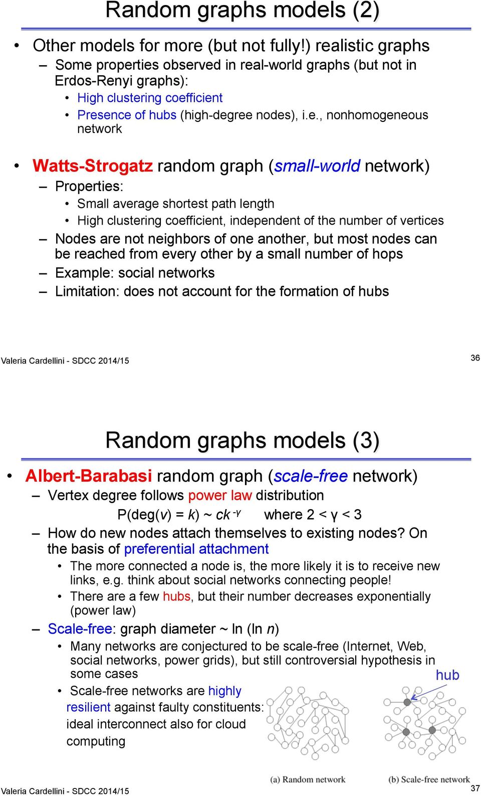 Watts-Strogatz random graph (small-world network) Properties: Small average shortest path length High clustering coefficient, independent of the number of vertices Nodes are not neighbors of one