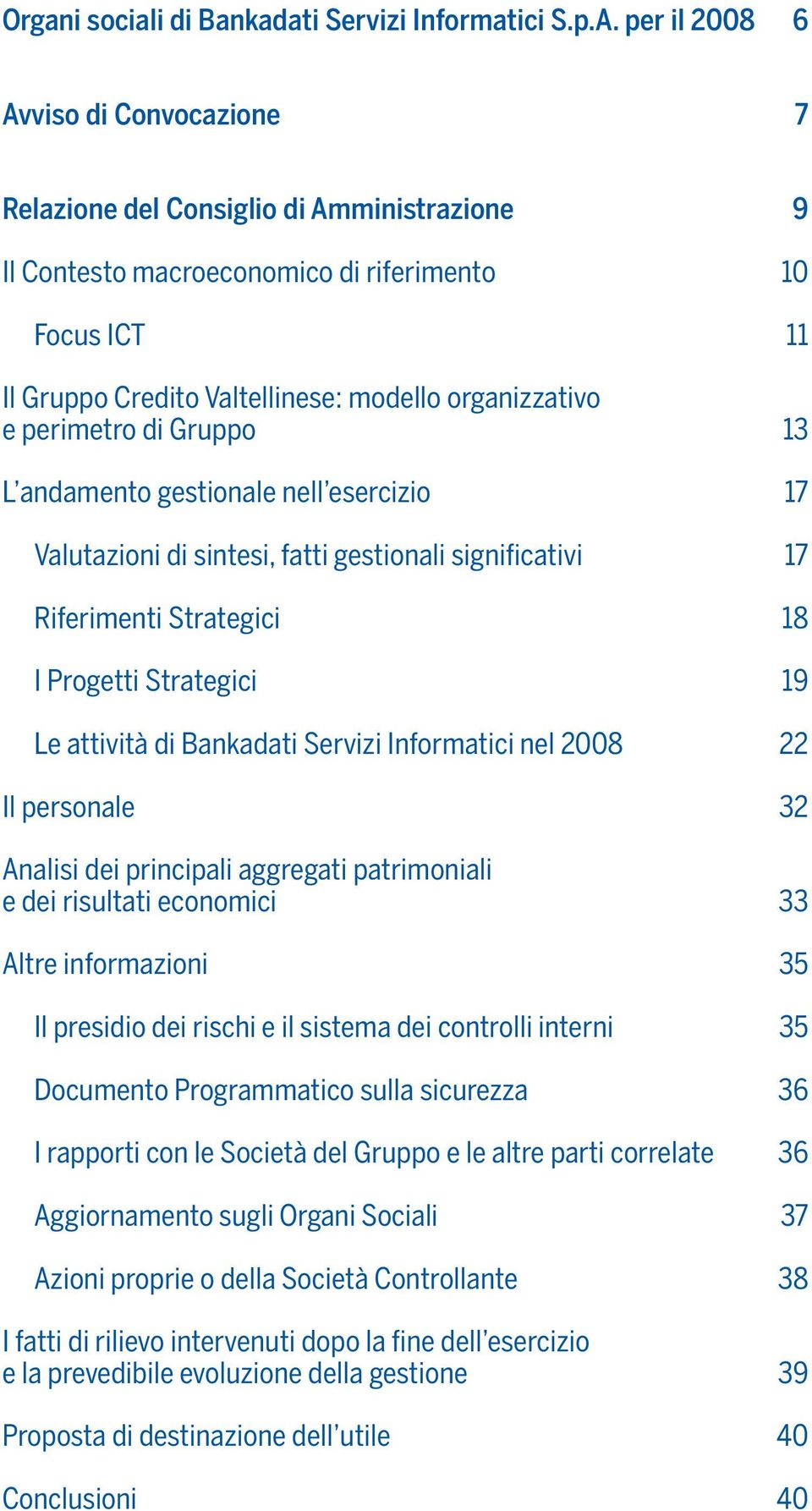 perimetro di Gruppo 13 L andamento gestionale nell esercizio 17 Valutazioni di sintesi, fatti gestionali significativi 17 Riferimenti Strategici 18 I Progetti Strategici 19 Le attività di Bankadati