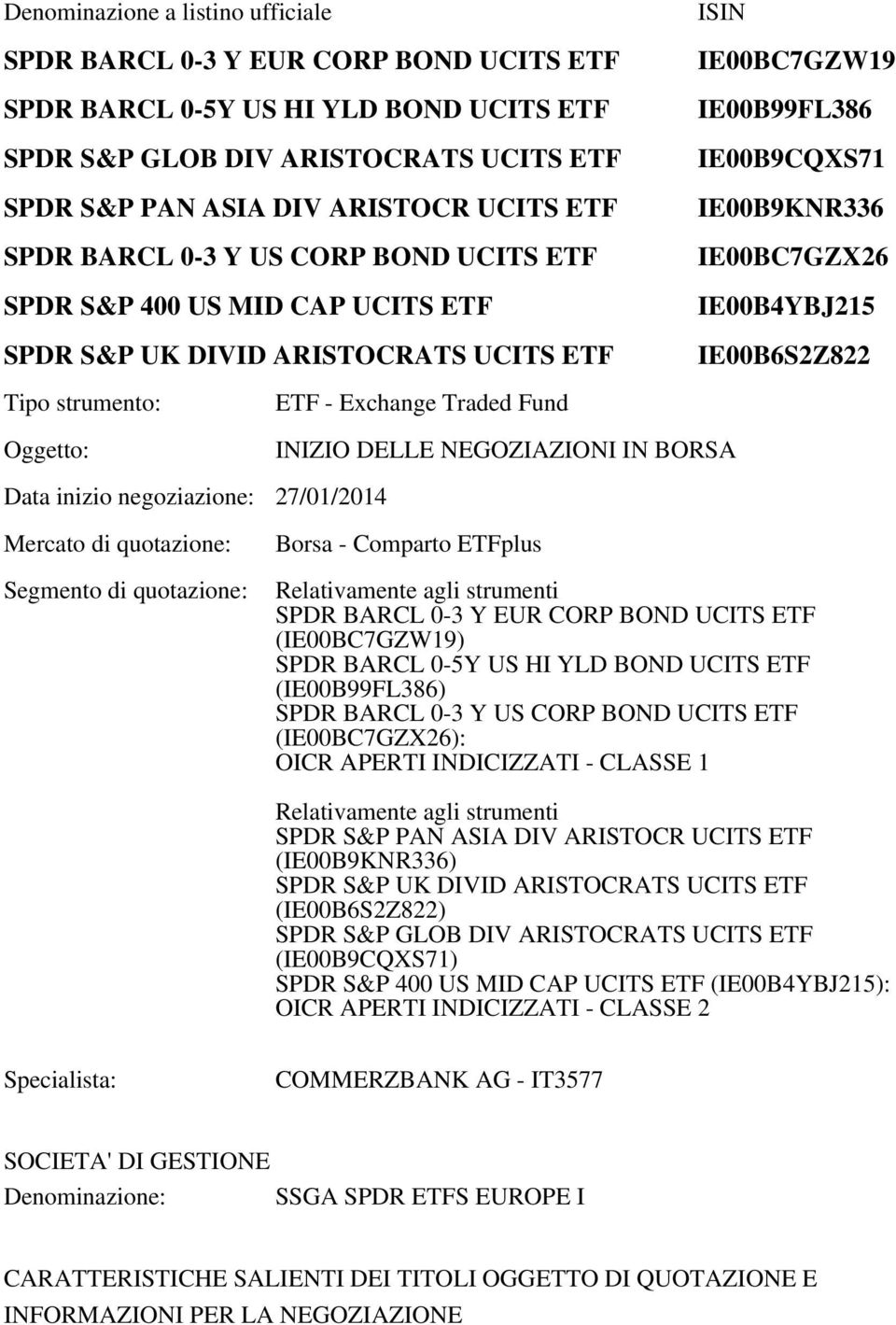 IE00B6S2Z822 Tipo strumento: Oggetto: ETF - Exchange Traded Fund INIZIO DELLE NEGOZIAZIONI IN BORSA Data inizio negoziazione: 27/01/2014 Mercato di quotazione: Segmento di quotazione: Borsa -