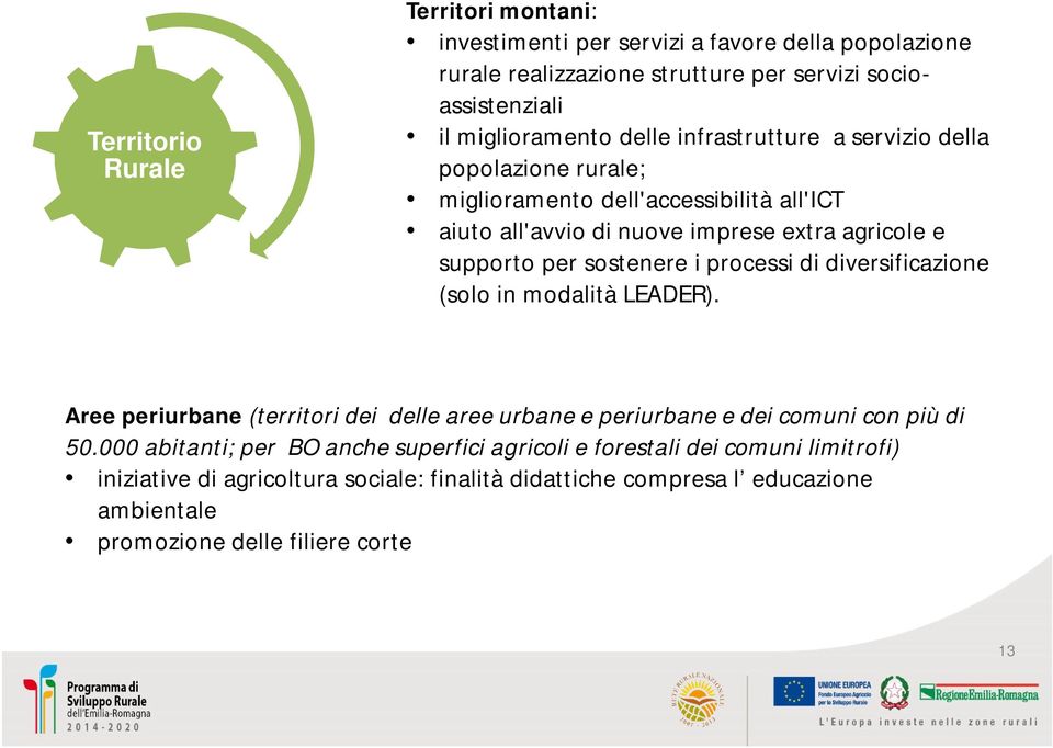 i processi di diversificazione (solo in modalità LEADER). Aree periurbane (territori dei delle aree urbane e periurbane e dei comuni con più di 50.