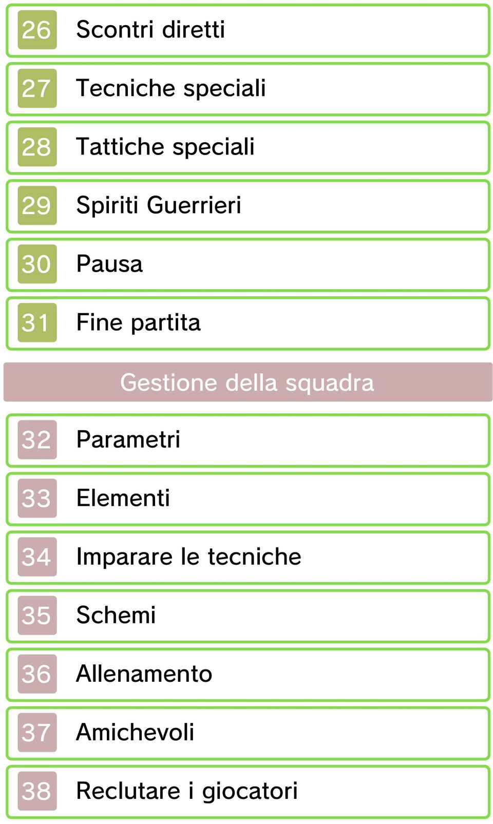 squadra 32 Parametri 33 Elementi 34 Imparare le tecniche 35