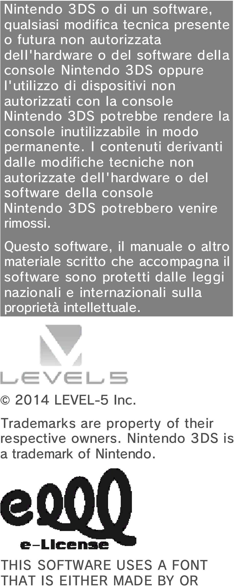 I contenuti derivanti dalle modifiche tecniche non autorizzate dell'hardware o del software della console Nintendo 3DS potrebbero venire rimossi.