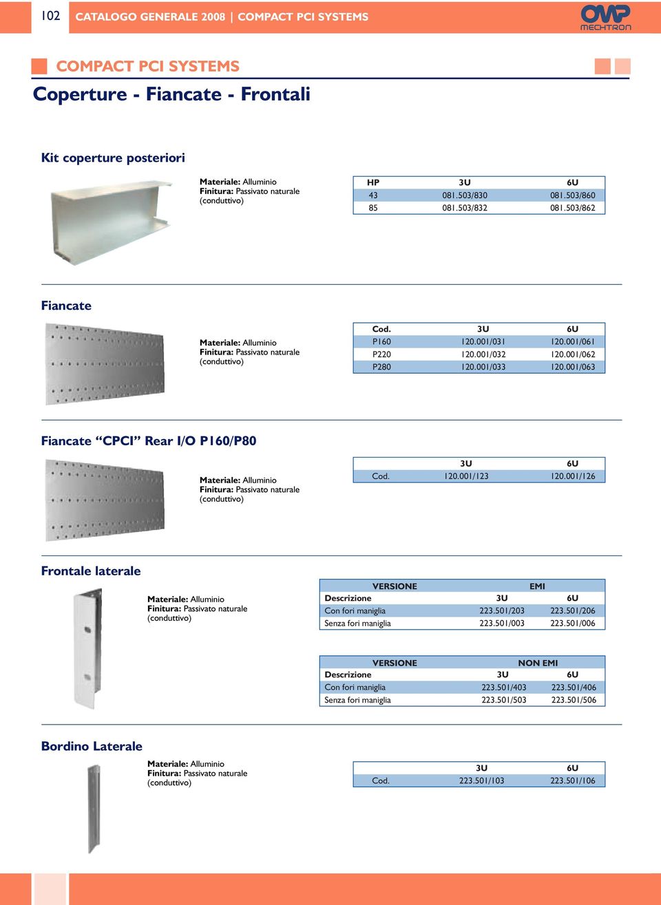 001/063 Fiancate CPCI Rear I/O P160/P80 Finitura: Passivato naturale (conduttivo) Cod. 3U 120.001/123 6U 120.