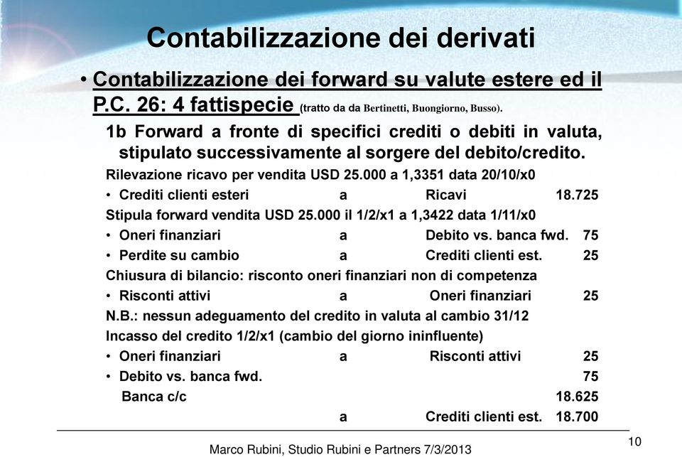 000 a 1,3351 data 20/10/x0 Crediti clienti esteri a Ricavi 18.725 Stipula forward vendita USD 25.000 il 1/2/x1 a 1,3422 data 1/11/x0 Oneri finanziari a Debito vs. banca fwd.