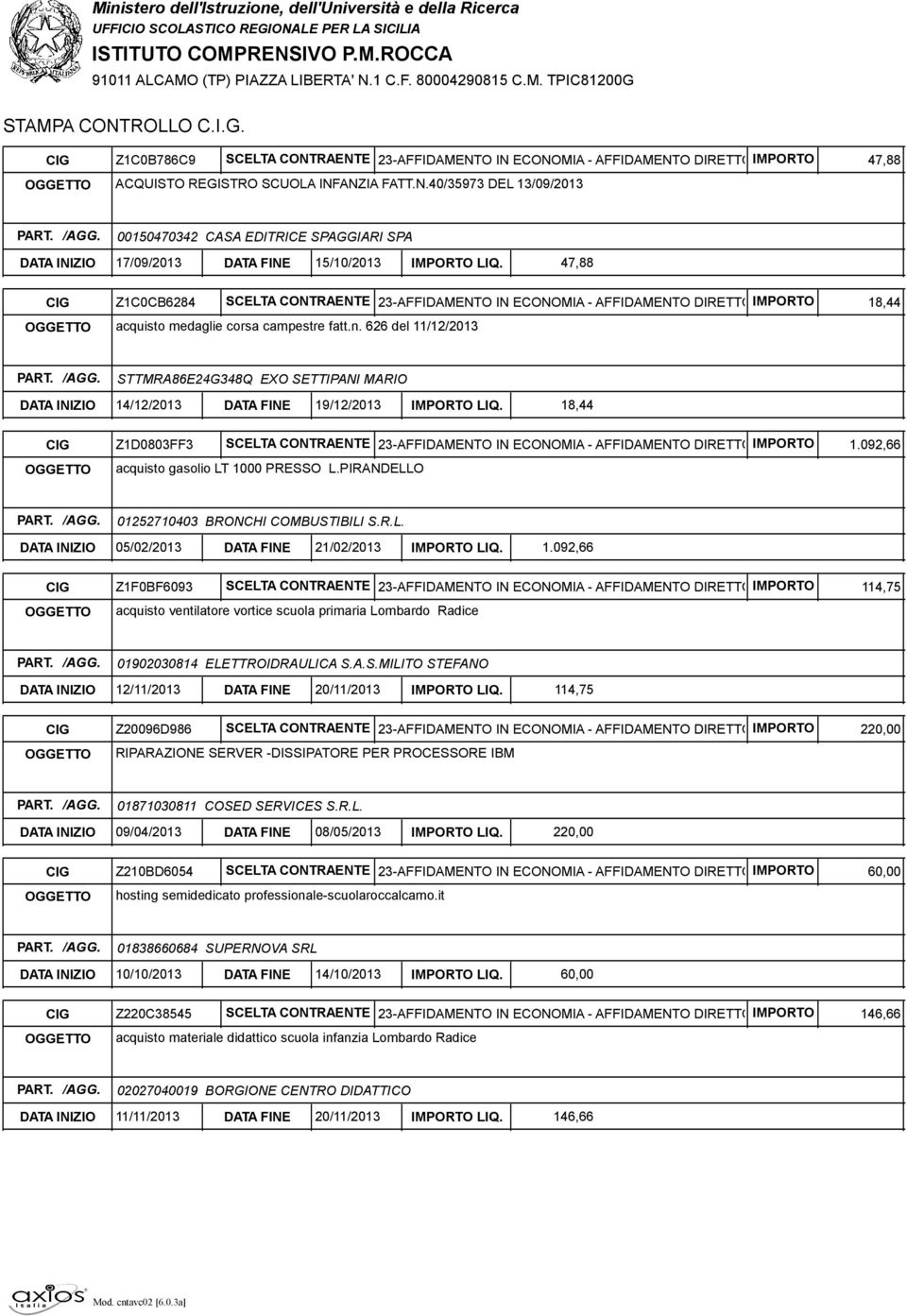 626 del 11/12/2013 18,44 STTMRA86E24G348Q EXO SETTIPANI MARIO DATA INIZIO 14/12/2013 DATA FINE 19/12/2013 IMPORTO LIQ.