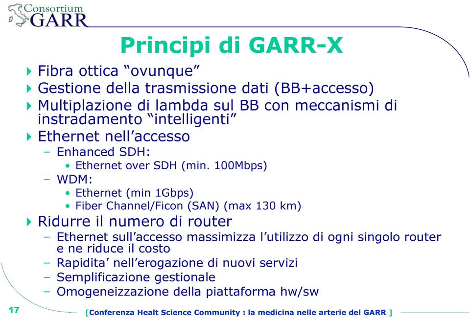 100Mbps) WDM: Ethernet (min 1Gbps) Fiber Channel/Ficon (SAN) (max 130 km) Ridurre il numero di router Ethernet sull accesso massimizza l utilizzo di