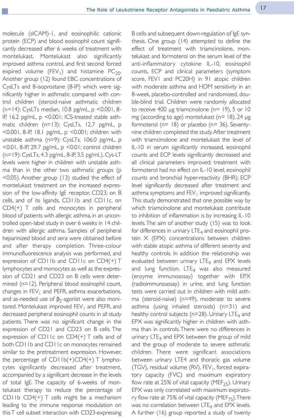 Another group (12) found EBC concentrations of CysLTs and 8-isoprostane (8-IP) which were significantly higher in asthmatic compared with control children (steroid-naive asthmatic children (n=14):