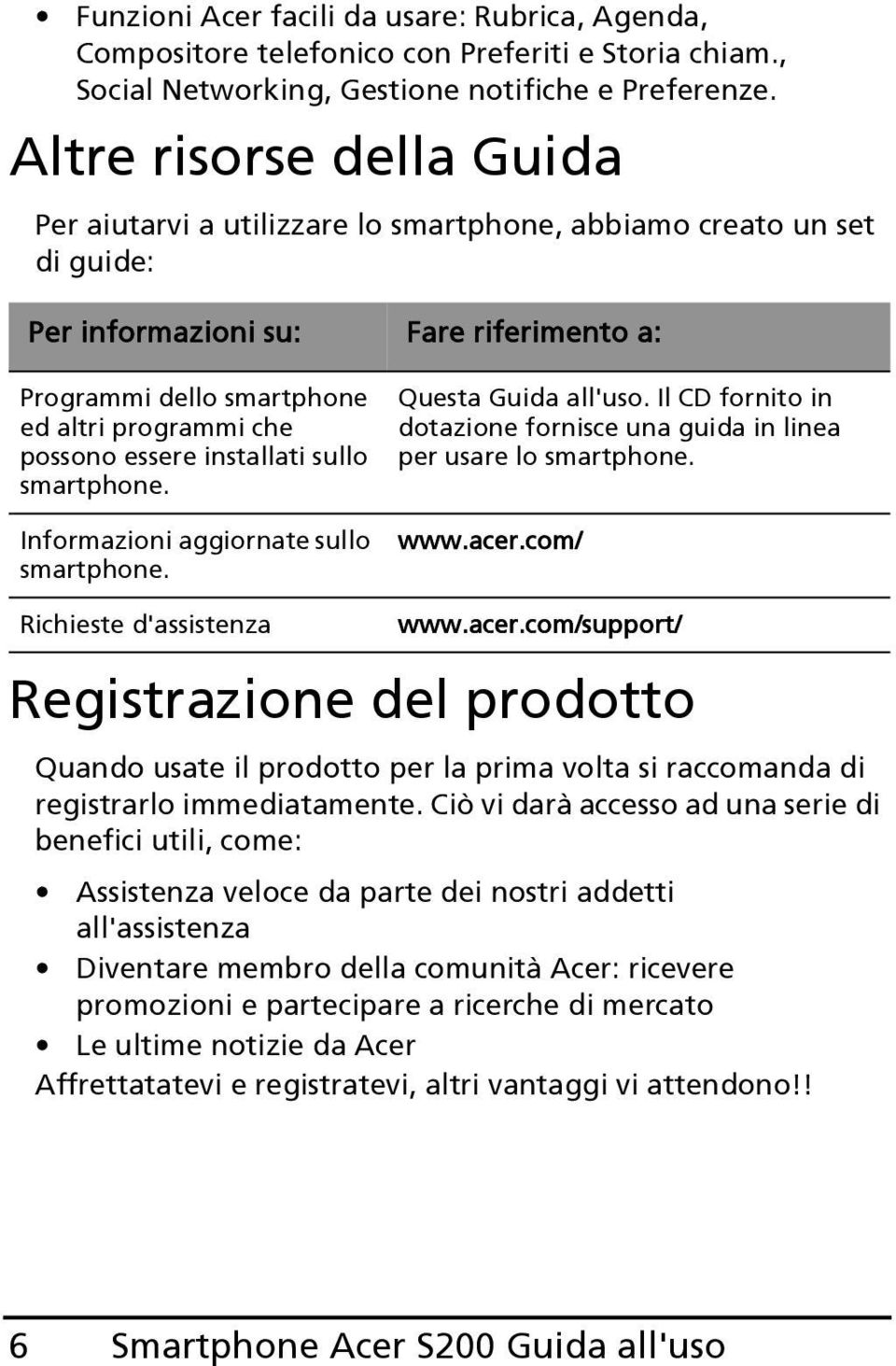 essere installati sullo smartphone. Informazioni aggiornate sullo smartphone. Questa Guida all'uso. Il CD fornito in dotazione fornisce una guida in linea per usare lo smartphone. www.acer.