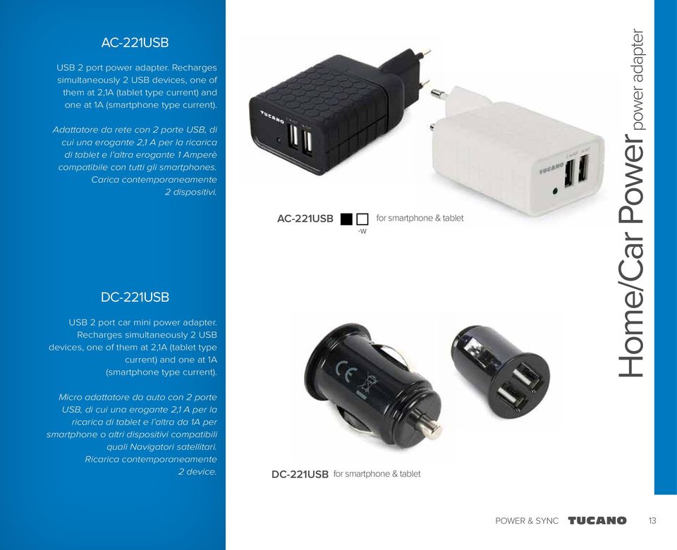 DC-221USB USB 2 port car mini power adapter. Recharges simultaneously 2 USB devices, one of them at 2,1A (tablet type current) and one at 1A (smartphone type current).