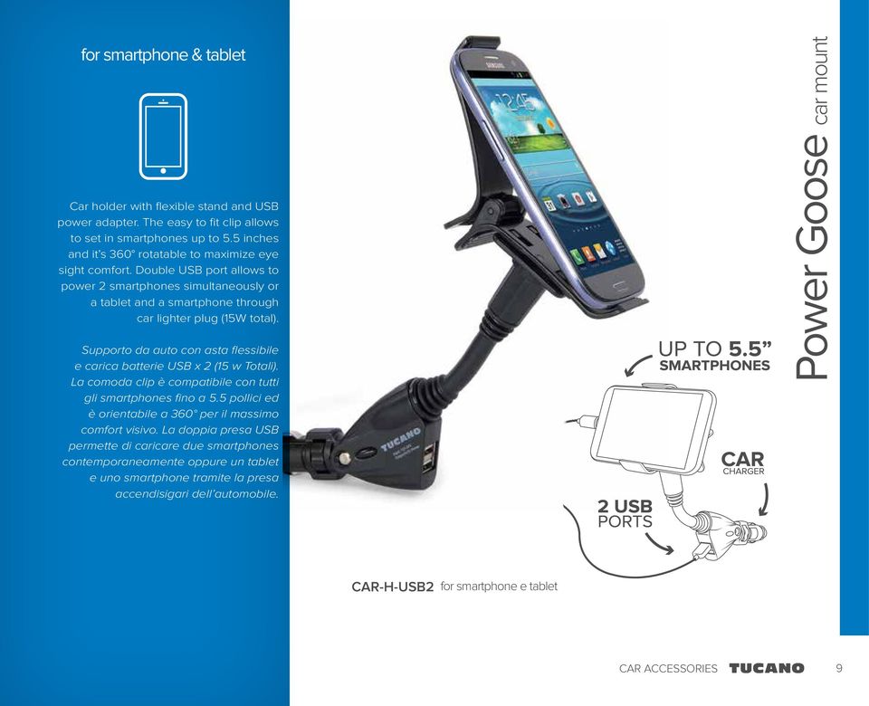 Supporto da auto con asta flessibile e carica batterie USB x 2 (15 w Totali). La comoda clip è compatibile con tutti gli smartphones fino a 5.