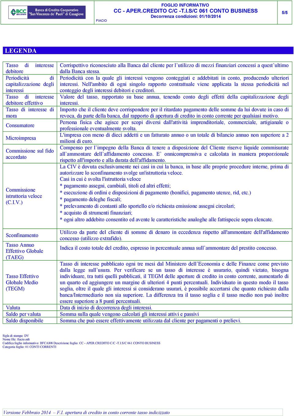 ) Sconfinamento Tasso Annuo Effettivo Globale (TAEG) Tasso Effettivo Globale Medio (TEGM) Valuta Saldo per valuta Saldo disponibile Corrispettivo riconosciuto alla Banca dal cliente per l utilizzo di