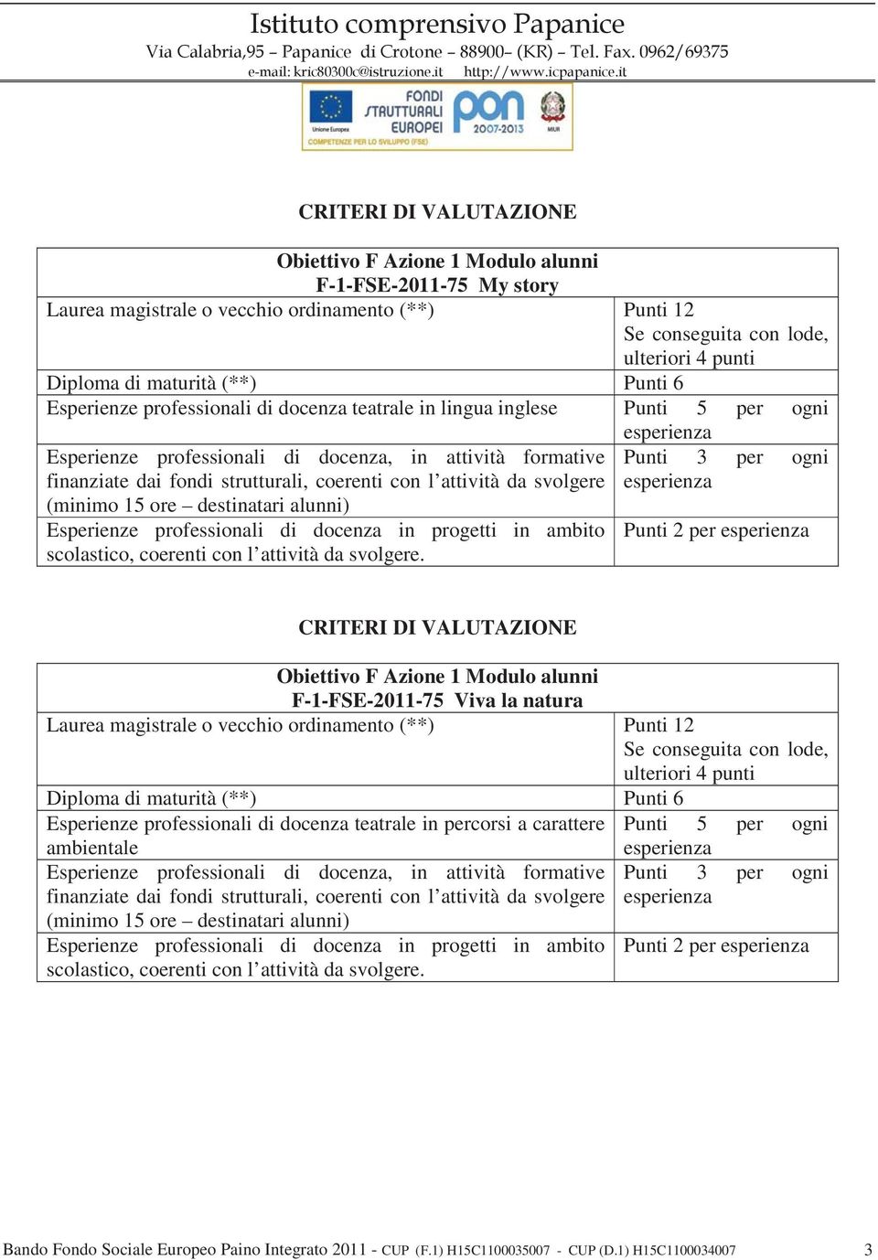 natura Esperienze professionali di docenza teatrale in percorsi a carattere Punti 5 per ogni ambientale (minimo 15 ore