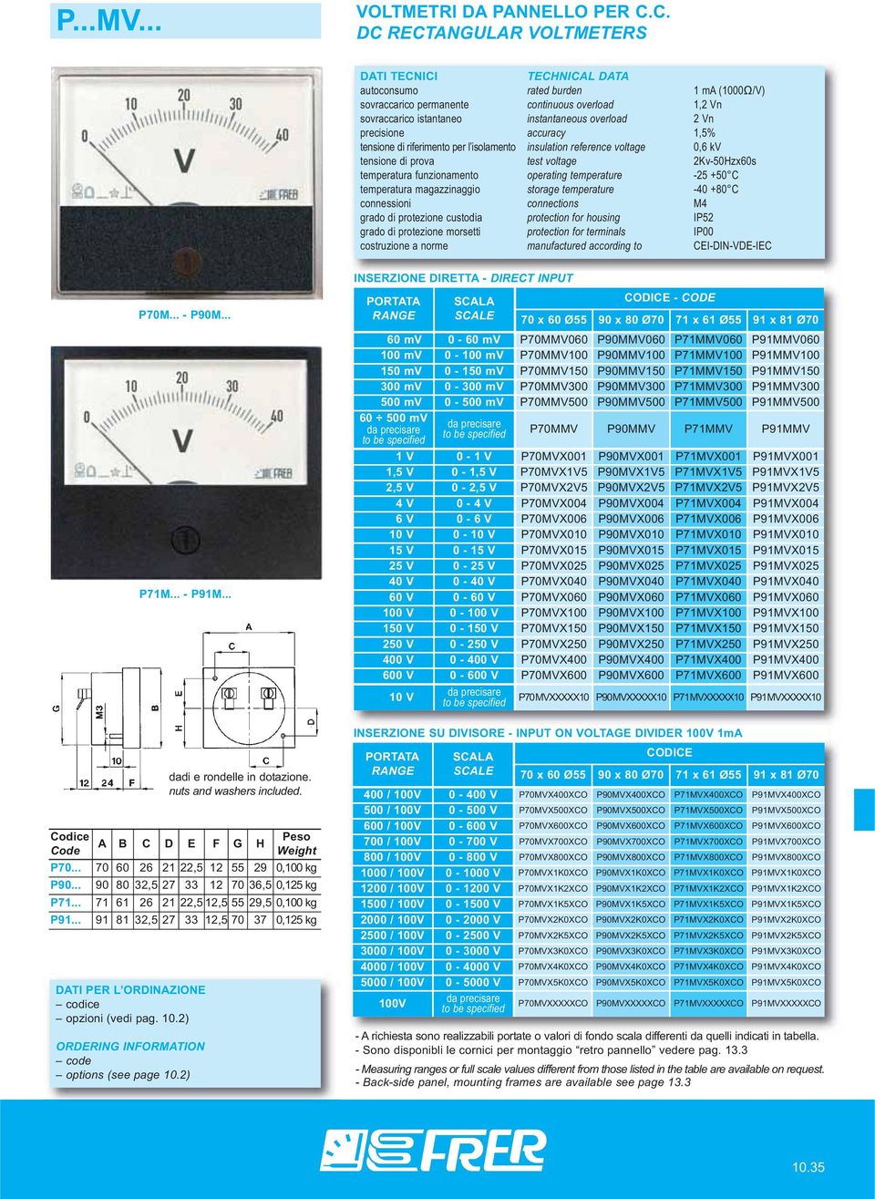 voltage 2Kv-50Hzx60s temperatura funzionamento operating temperature -25 +50 C temperatura magazzinaggio storage temperature -40 +80 C connessioni connections M4 P70M... - P90M... P71M... - P91M.