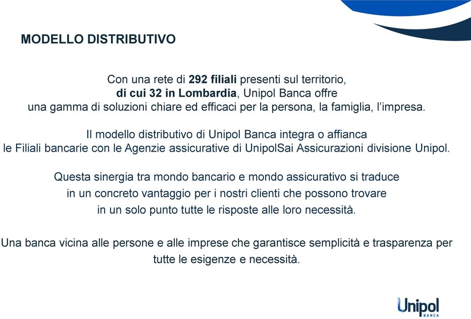 Il modello distributivo di Unipol Banca integra o affianca le Filiali bancarie con le Agenzie assicurative di UnipolSai Assicurazioni divisione Unipol.