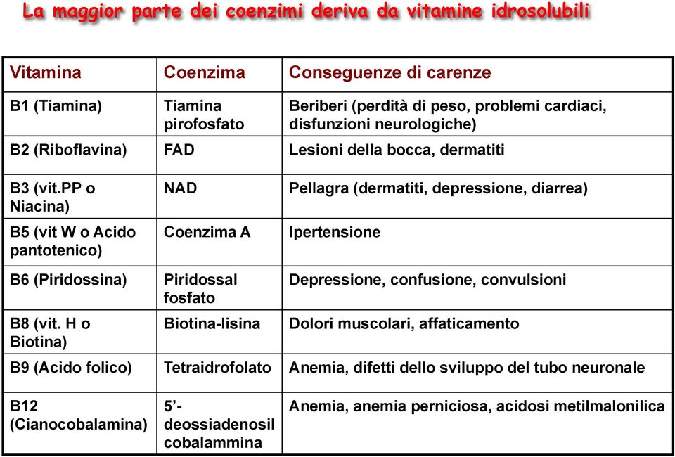 pp o Niacina) B5 (vit W o Acido pantotenico) NAD Coenzima A Pellagra (dermatiti, depressione, diarrea) Ipertensione B6 (Piridossina) B8 (vit.