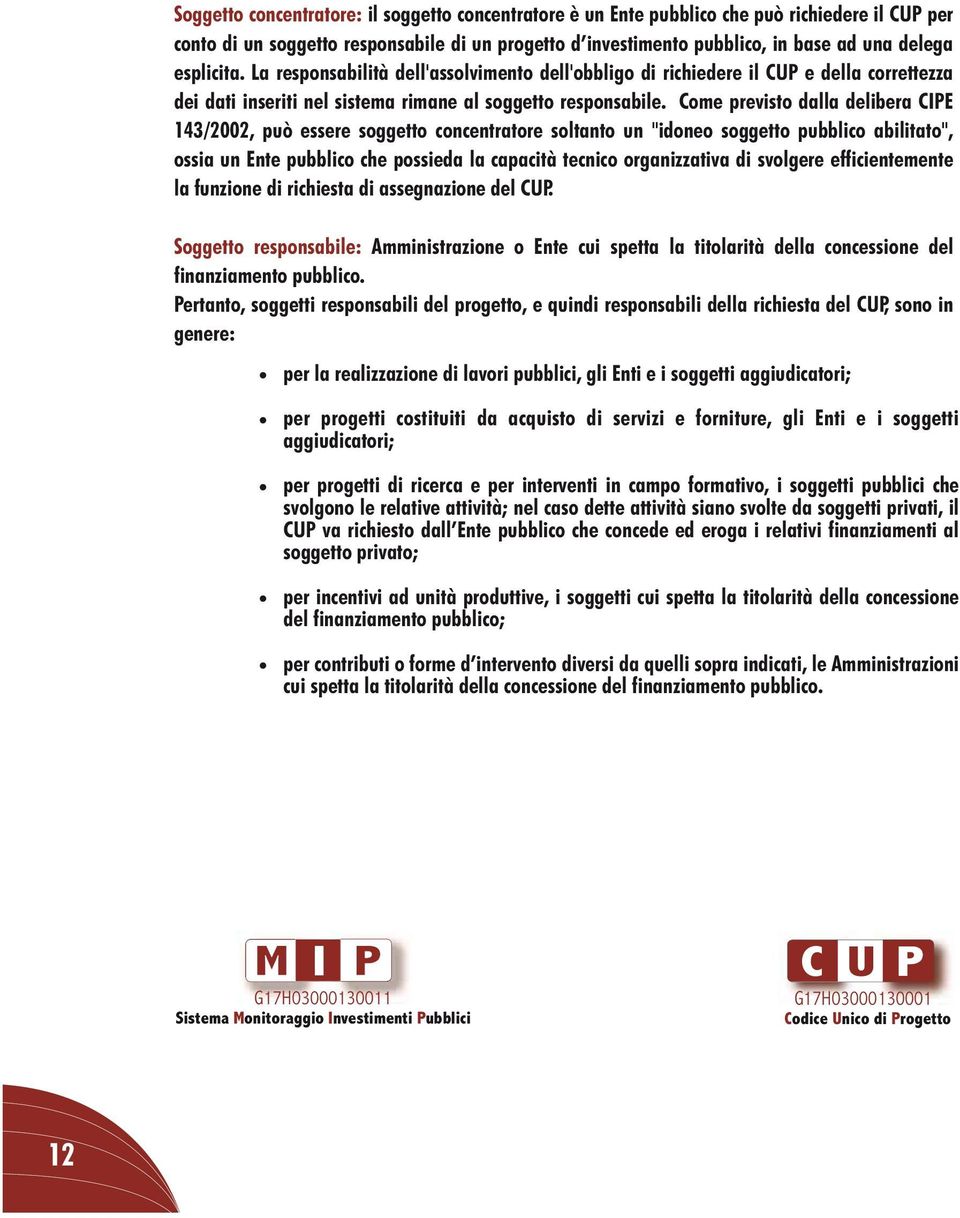 Come previsto dalla delibera CIPE 143/2002, può essere soggetto concentratore soltanto un "idoneo soggetto pubblico abilitato", ossia un Ente pubblico che possieda la capacità tecnico organizzativa