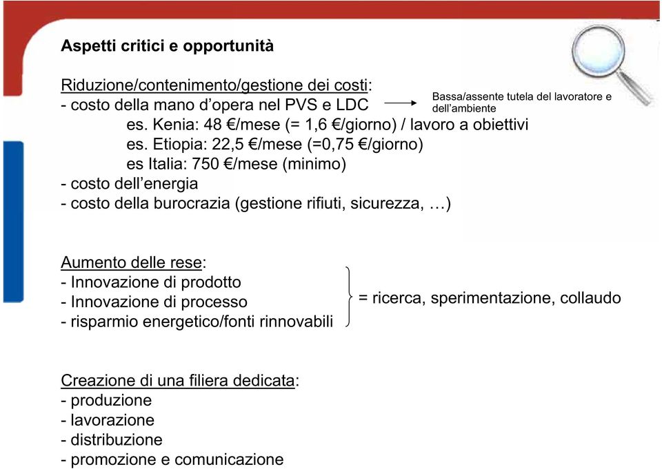 Etiopia: 22,5 /mese (=0,75 /giorno) es Italia: 750 /mese (minimo) - costo dell energia - costo della burocrazia (gestione rifiuti, sicurezza, ) Aumento