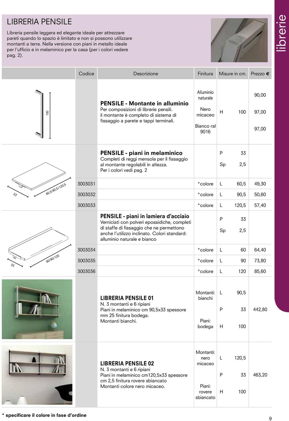 Prezzo E 100 pensile - Montante in alluminio Per composizioni di librerie pensili. il montante è completo di sistema di fissaggio a parete e tappi terminali.