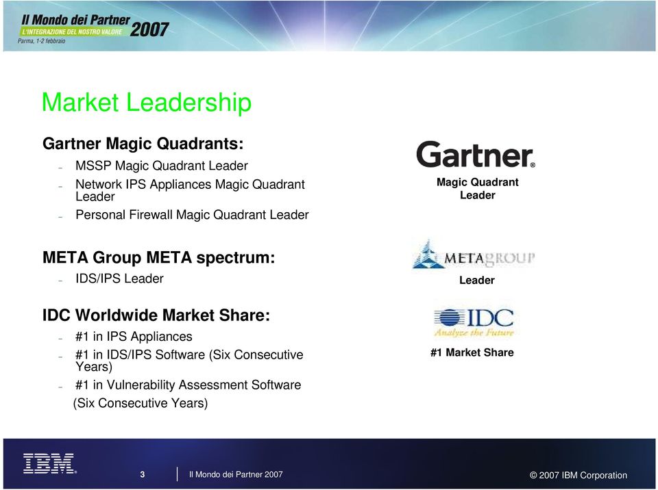 IDS/IPS Leader IDC Worldwide Market Share: #1 in IPS Appliances #1 in IDS/IPS Software (Six Consecutive
