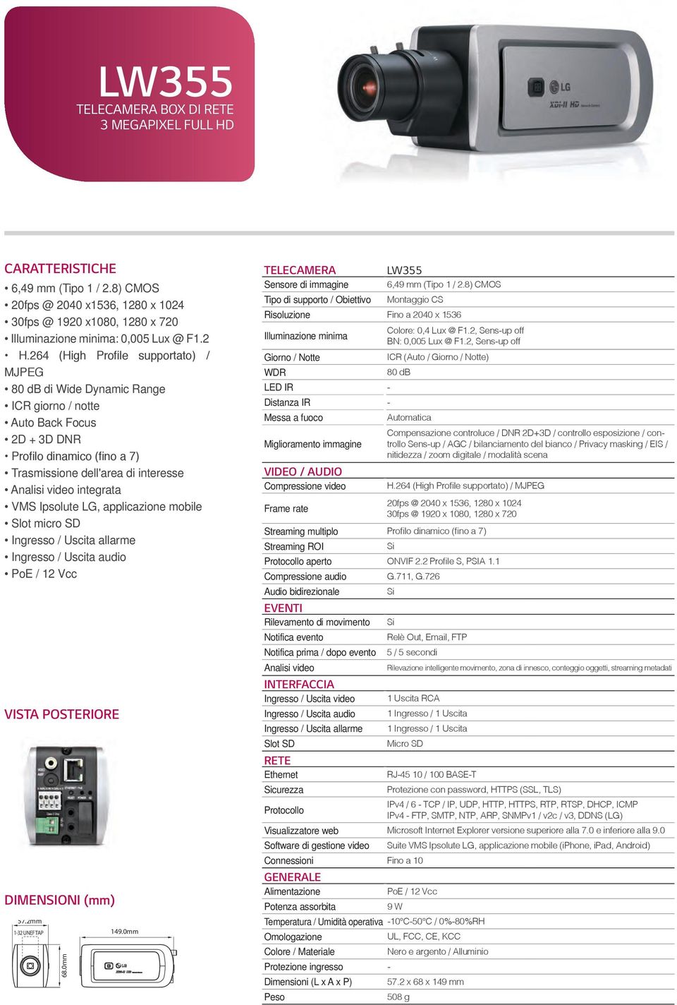 integrata VMS Ipsolute LG, applicazione mobile Slot micro SD Ingresso / Uscita allarme Ingresso / Uscita audio PoE / 12 Vcc VISTA POSTERIORE DIMENSIONI 50.0mm(mm) 57.2mm 1-32 UNEF TAP 68.0mm 14.