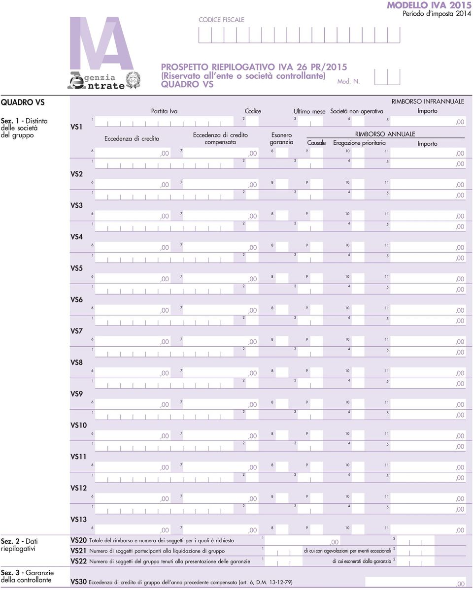 - Garanzie della controllante VS VS VS VS VS VS6 VS VS VS VS0 VS VS Partita Iva Codice Ultimo mese Società non operativa Importo 6 Eccedenza di credito Eccedenza di credito compensata Esonero