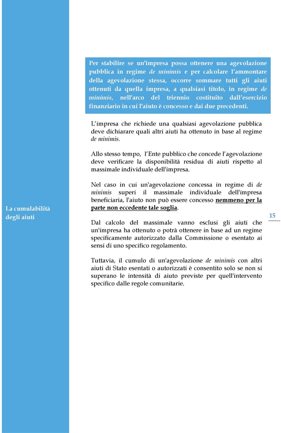 La cumulabilità degli aiuti L impresa che richiede una qualsiasi agevolazione pubblica deve dichiarare quali altri aiuti ha ottenuto in base al regime de minimis.