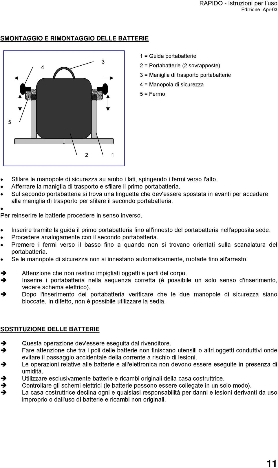 Sul secondo portabatteria si trova una linguetta che dev'essere spostata in avanti per accedere alla maniglia di trasporto per sfilare il secondo portabatteria.