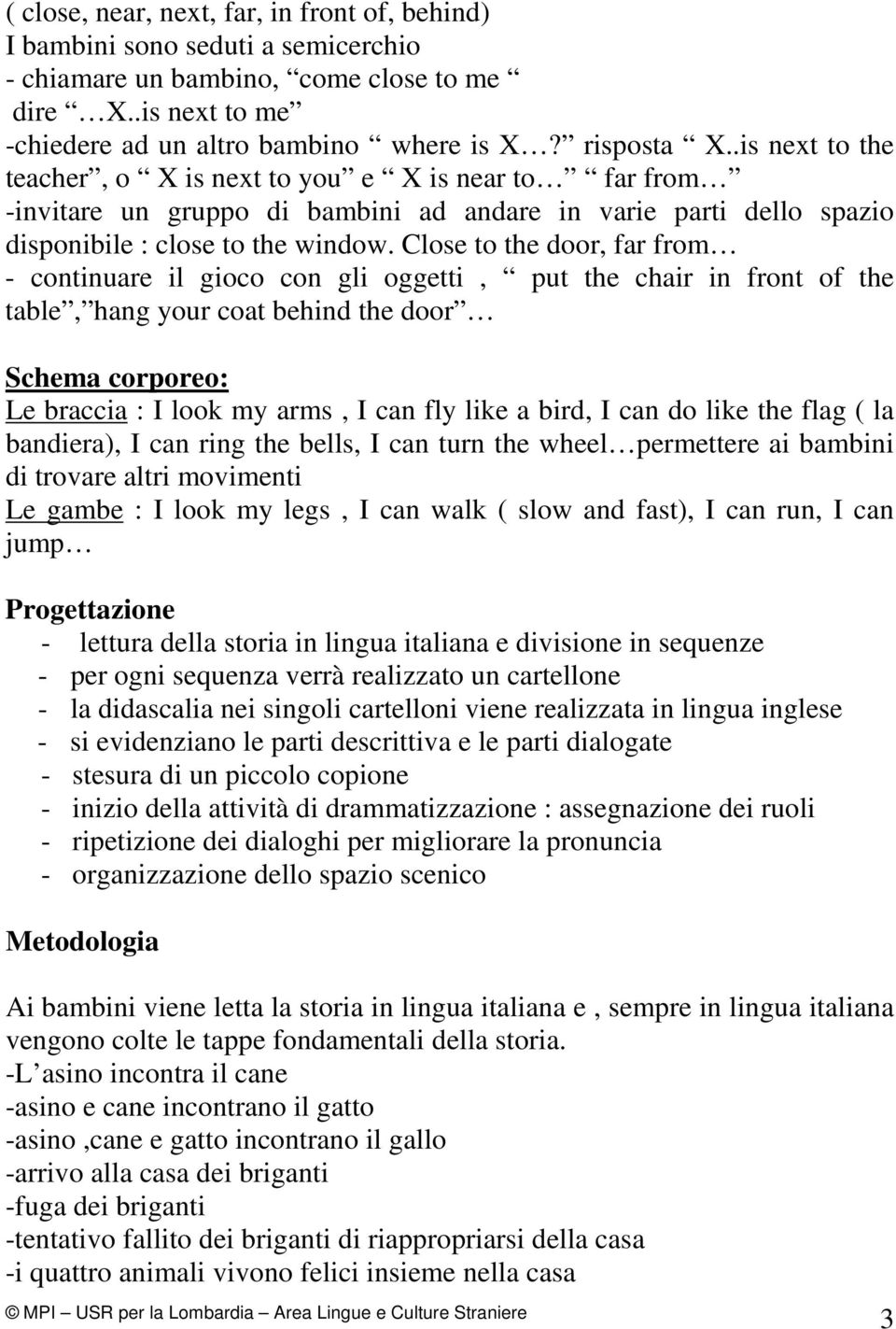 Close to the door, far from - continuare il gioco con gli oggetti, put the chair in front of the table, hang your coat behind the door Schema corporeo: Le braccia : I look my arms, I can fly like a