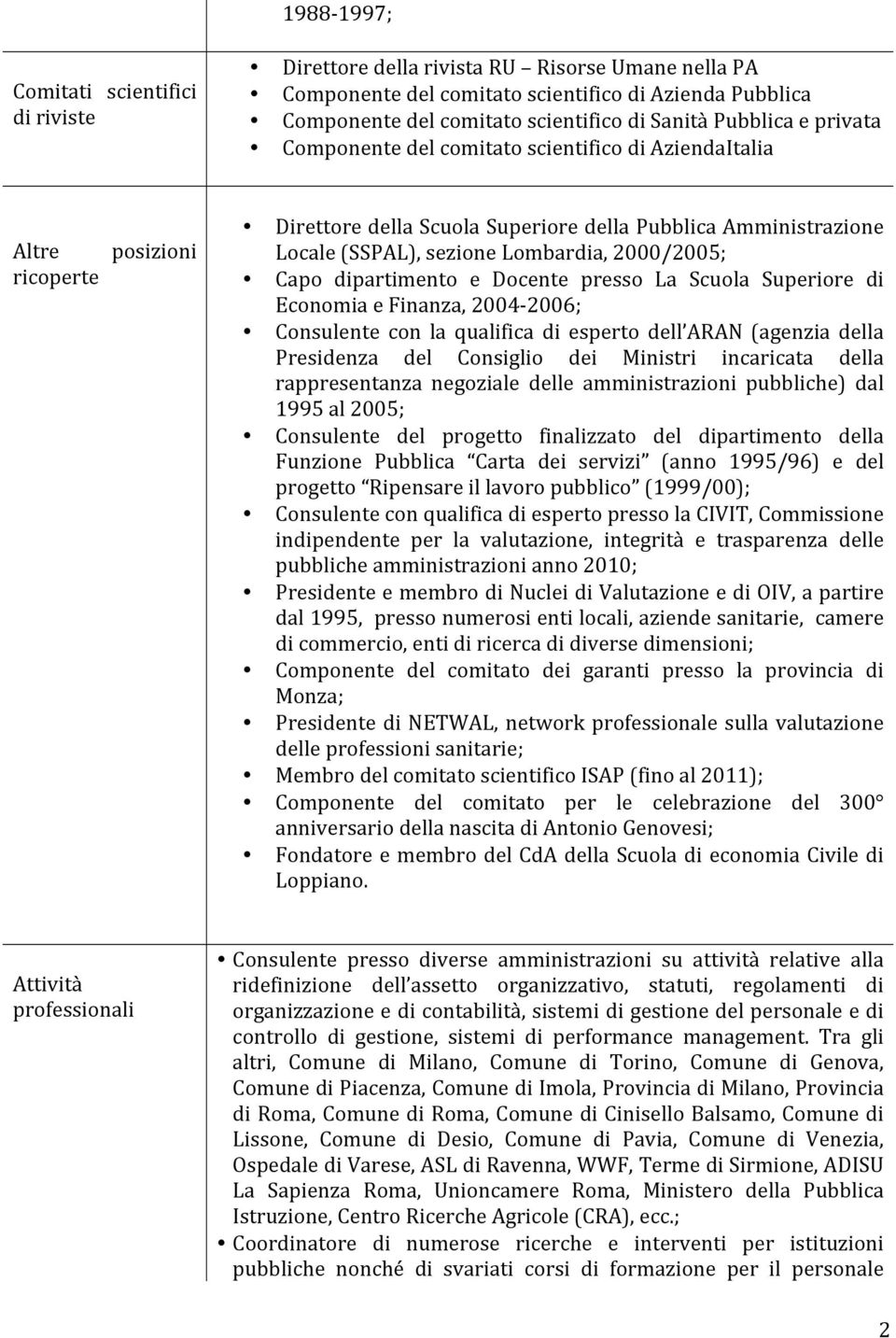 2000/2005; Capo dipartimento e Docente presso La Scuola Superiore di Economia e Finanza, 2004-2006; Consulente con la qualifica di esperto dell ARAN (agenzia della Presidenza del Consiglio dei