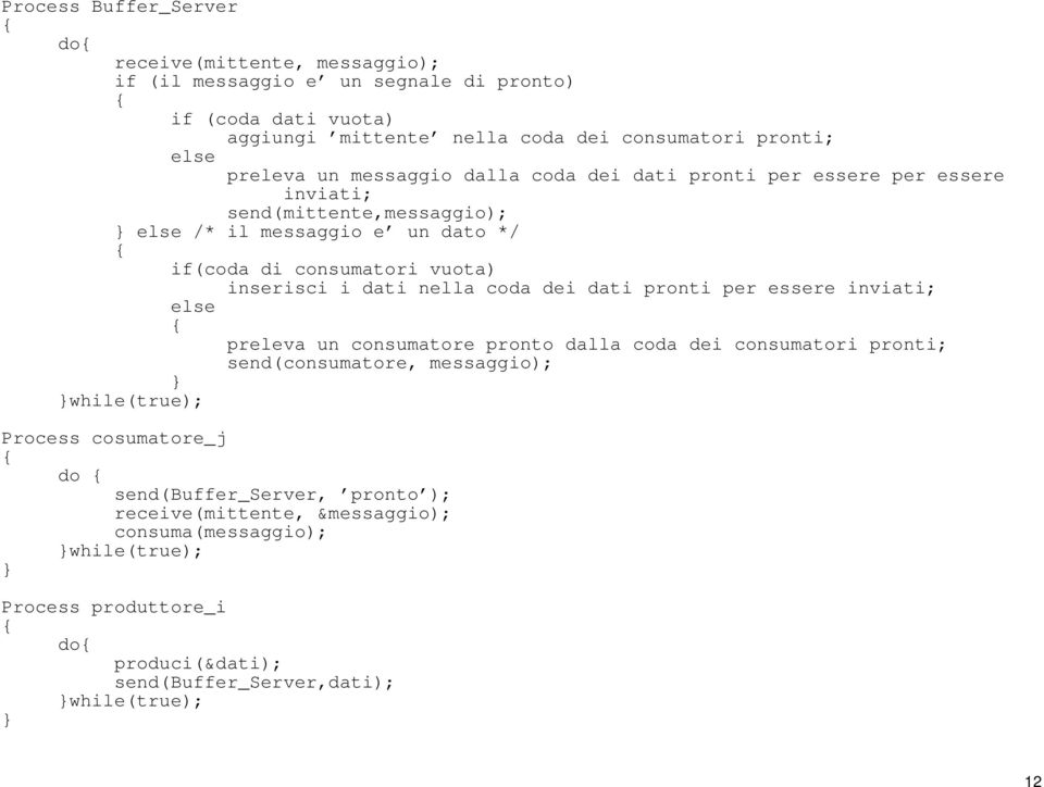 dati nella coda dei dati pronti per essere inviati; else { preleva un consumatore pronto dalla coda dei consumatori pronti; send(consumatore, messaggio); } }while(true); Process