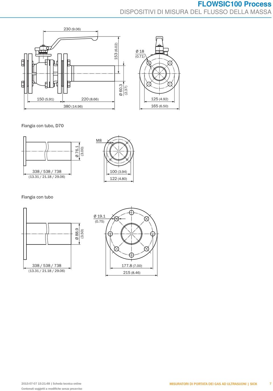 94) 122 (4.80) Flangia con tubo Ø 19.1 (0.75) Ø 88.9 (3.50) 338 / 538 / 738 (13.31 / 21.18 / 29.06) 177.8 (7.00) 215 (8.
