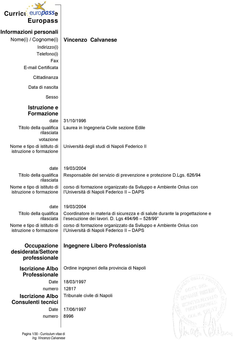 della qualifica Responsabile del servizio di prevenzione e protezione D.Lgs.